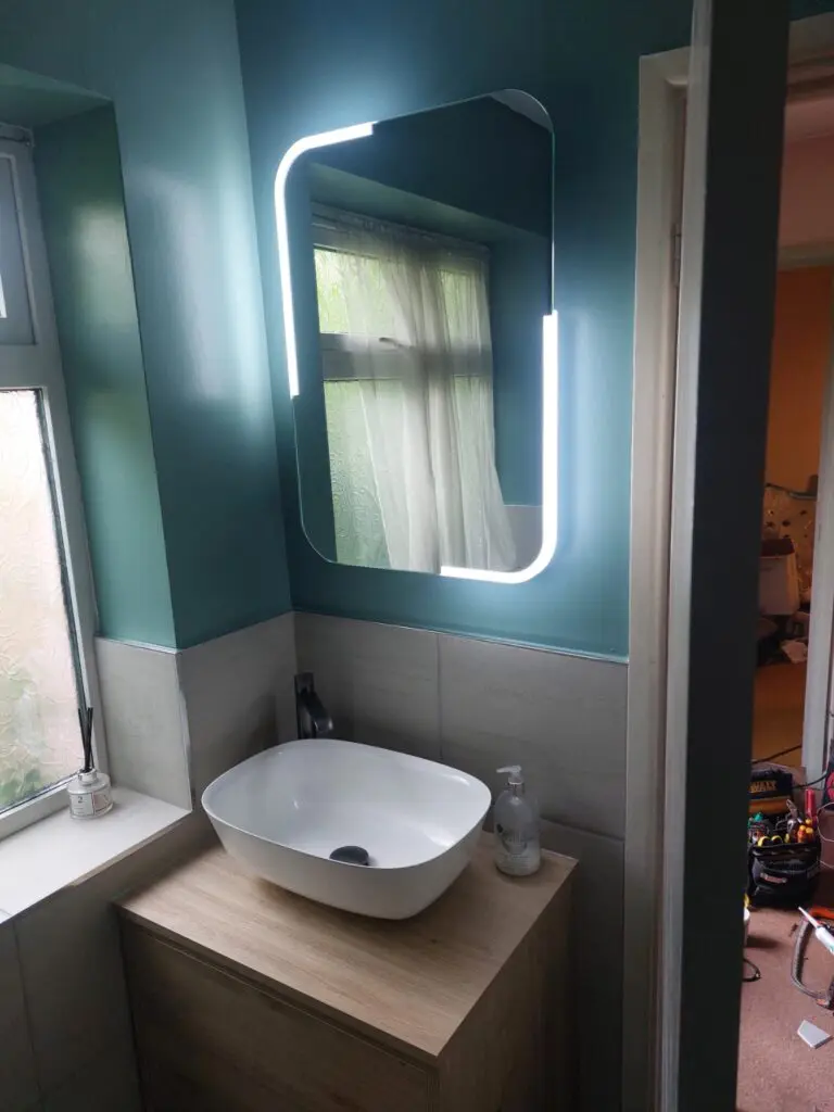 Led mirror and wall hung basin unit with bowl