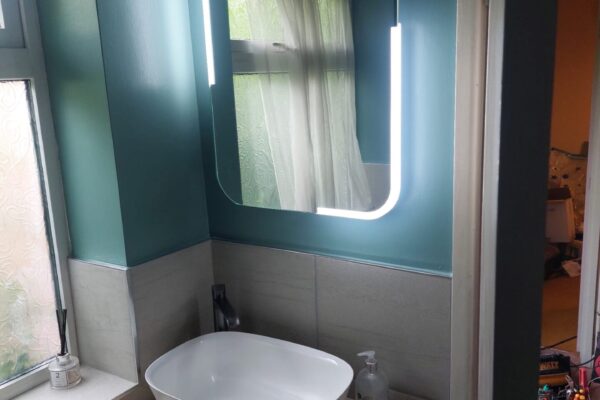 Led mirror and wall hung basin unit with bowl